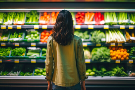 Woman Shopping For Groceries, Fruits And Vegetables In A Grocery Supermarket Store, A Closeup