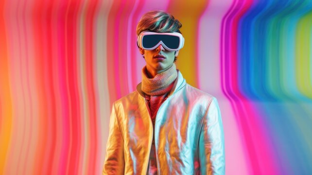 Fototapeta Young male model wearing VR posing with trendy fashion outfit and colorful pastel optical art abstract background. Picturesque generative AI