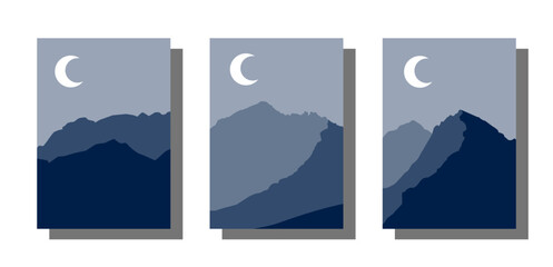 Set of abstract landscape poster. Mountain scenery night background with moon. Vector illustration