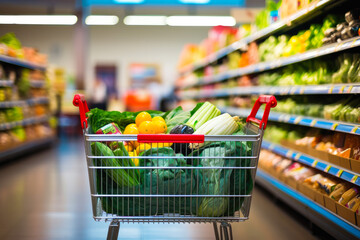 Shopping cart with fresh produce and packaged goods on display aisle