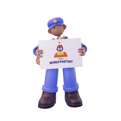 male postal courier holding poster pose from front