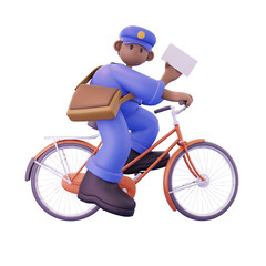 male postal courier carrying a bicycle delivering postal parcels from the front