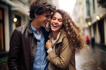 Fototapeta premium Couple in love having a good time together - laughing and fooling around - catching a moment of endearment