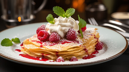 French crapes topped with whipped cream and raspberries