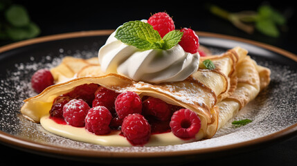 French crapes topped with whipped cream and raspberries