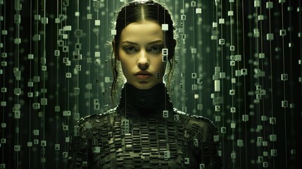 Sci - fi dot matrix style red, woman, barcode art, generative AI