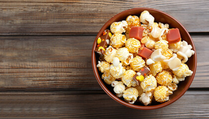 Delicious popcorn with caramel in bowl and candies on wooden background, top view