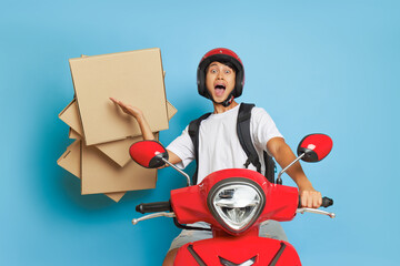 Delivery guy in red helmet riding red scooter and lets drop some pizza boxes, shouts and tries to...