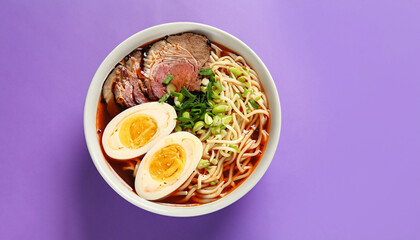 Delicious ramen with meat on violet background, top view. Noodle soup