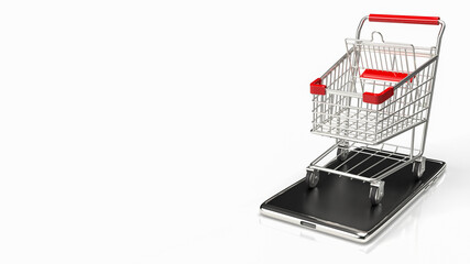 The shopping trolley on mobile for e shopping and shopping online concept 3d rendering.