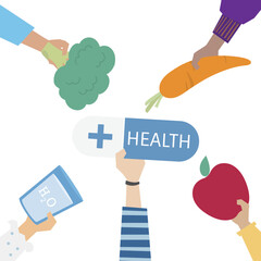 People's hands holding healthy foodstuffs