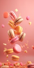 Colorful assortment of macarons floating in air on pink background. Created with Generative AI technology