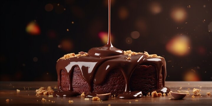 Delicious chocolate cake with creamy chocolate ganache dripping on top. Created with Generative AI technology
