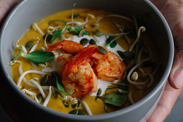 pumpkin rash with shrimp in a plate in male hands

