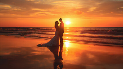 Wedding Bride and groom, romantic honeymoon on the beach sunset sun