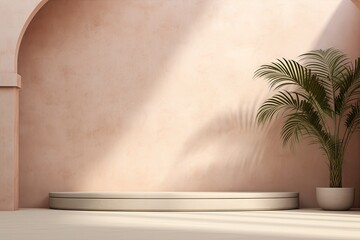Simplified background featuring a faint palm shadow cast on a plaster wall, evoking a luxurious aesthetic typical of summer architecture interiors. A mockup of a creative product platform stage is