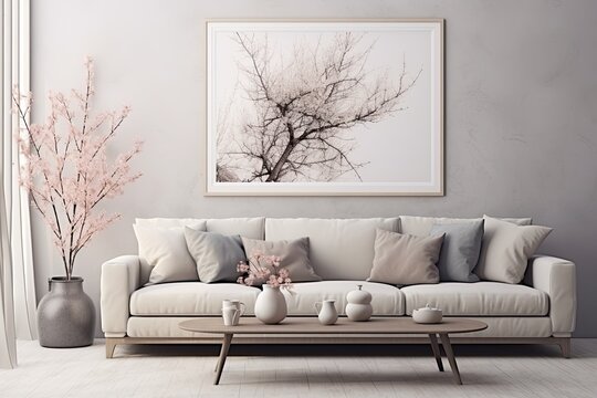 Template for a stylish living room with a modern neutral-colored sofa, mock-up poster frames, a vase with dried flowers, coffee tables, decorative elements, and elegant personal accessories for home