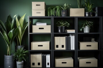 Storage boxes, black and white folders, and a green plant are arranged on shelves. - obrazy, fototapety, plakaty