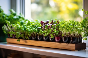 Small, young plants known as microgreens placed on a shelf near a window in a residential setting.
