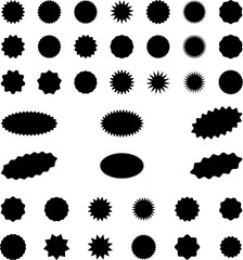 Set of vector starburst, sunburst badges. Black icons in Simple flat style vintage stickers, labels
