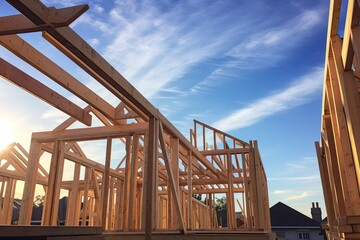 New houses being built with roof framing beams that are visible against the sky.