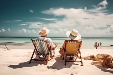 "Older couple on beach in beach chairs, with beach hats": Elderly couple in green-striped beach chairs, lady's hat adorned with a green band, on the beach