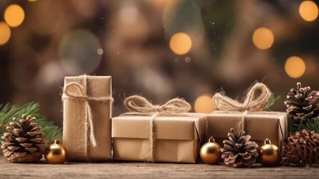 Biodegradable gift wrapping for a rustic Christmas with natural elements. Concept of environmentally conscious presents.