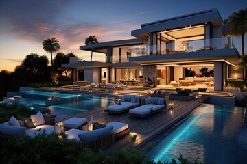Fototapeta premium Stunning upscale residence featuring a pool, set amidst a picturesque sunset backdrop.