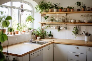 Stylish kitchen area featuring white walls, wooden countertops and bar, embellished with plants