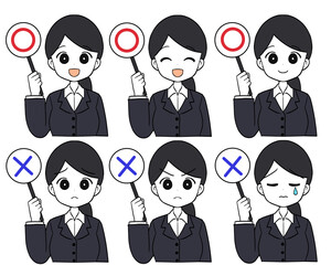 マルバツ札を持っているスーツの女性のイラストセット