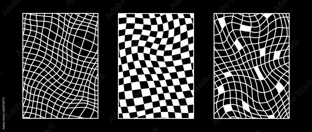 Aufkleber Set of distorted wireframe backgrounds. Abstract wavy checkerboard wallpapers collection. Warped and curved grid surface pattern. Geometric black and white textures. Vector illustration