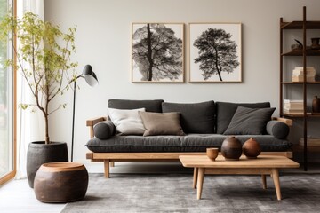 Scandinavian-style living room featuring a wooden sofa adorned with dark pillows.