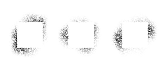 Square frames collection with spray stencil effect. Grunge dotted rectangle border shadow set. Faded noise texture shape bundle. Splattered elements for text box, banner, poster, template. Vector