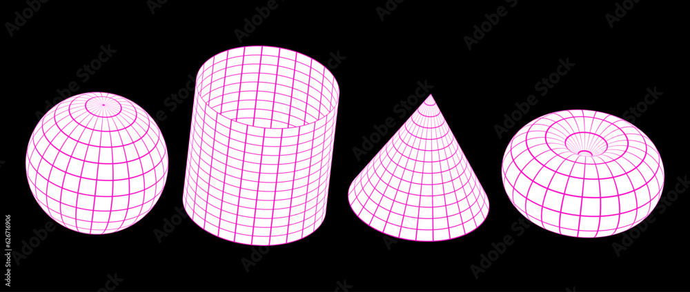 Poster wireframe shapes collection. 3d outline sphere, cylinder, cone and torus. pink and white geometric e