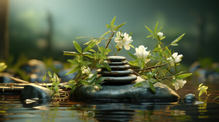 Zen Rock Garden in a Pond with White Flowers and Green Foliage Bamboo Stones and Tranquility AI Generated