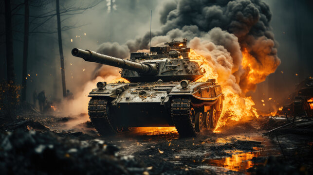 Intense and Dramatic Image of a Tank in a Battlefield with Smoke and Debris Erupting in Background AI Generated