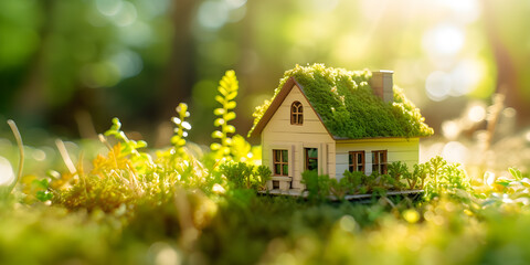 Eco House In Green Environment. Miniture House On Grass. - obrazy, fototapety, plakaty