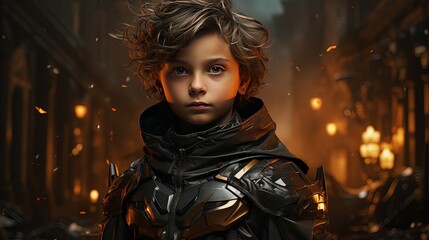 Fototapeta na wymiar Digital art portrait of little boy in motobiker black suit AI