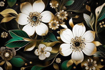 Luxury floral seamless with flowers elegant leather texture illustration background in golden, green, white, and black colors. 3d abstraction wallpaper for interior mural wall art decor, generative AI