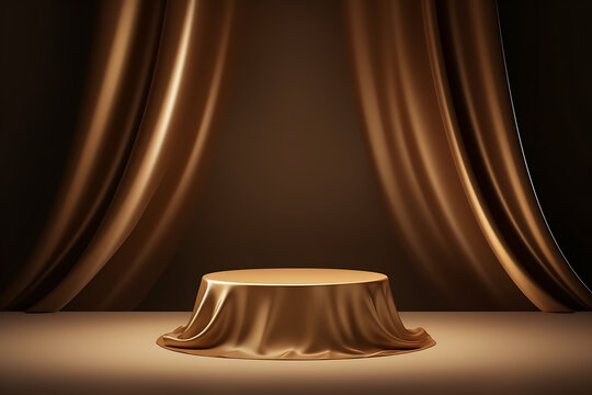 Photo luxury gold podium presentation on 3d product display background with abstract brown cloth elegant pedestal showcase or empty golden fashion fabric stand and premium stage studio - Generative AI