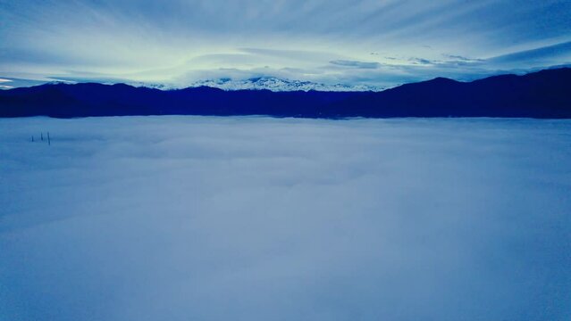 Aerial Drone Fly Above Heavenlike Blue Clouds, Andean Cordillera Mountain Range of Santiago de Chile Cloudy Sky