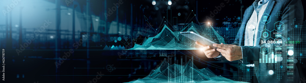Poster businessman holding tablet and showing a growing virtual hologram of statistics, graph and chart wit