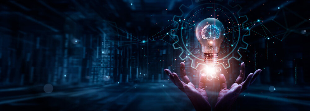 Innovation, new idea, creative and inspiration concept. Hands of businessman holding light bulb and brain with data network digital technology. development, industrial and science.