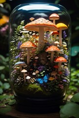 50 mm lens shot, Create a mesmerizing and highly detailed depiction of a majestic mushroom jungle {inside a jar}, abundant with vibrant flowers and teeming with diverse and enchanting animals. 