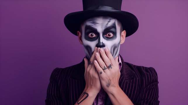 A man in a black hat, wearing Halloween makeup in the form of a skull, opens his eyes and mouth wide with fear on a light lilac background. Generative.
