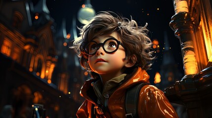 Digital art portrait of cartoon boy in glasses outdoors with bokeh lights AI