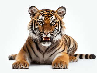 Fototapeta premium Tiger growling on a white studio background