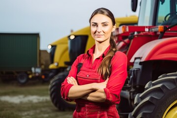 Proud attractive female farmer standing in front of agricultural machinery