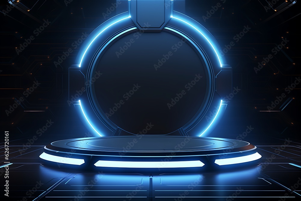 Wall mural futuristic stand or podium background. sci-fi display scene, space from the windows of a spaceship a