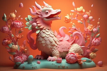 Generative AI abstract design chinese new year cute dragon with spring colors, surreal fantasy, peach flower., generative AI	
